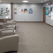 The gallery space on our lower level is adjacent to our All Purpose Room, Fine Arts Center and magazine collection.